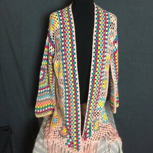 Pink Lily crochet cardigain fringe small  boho sweater hippy cover up colorful